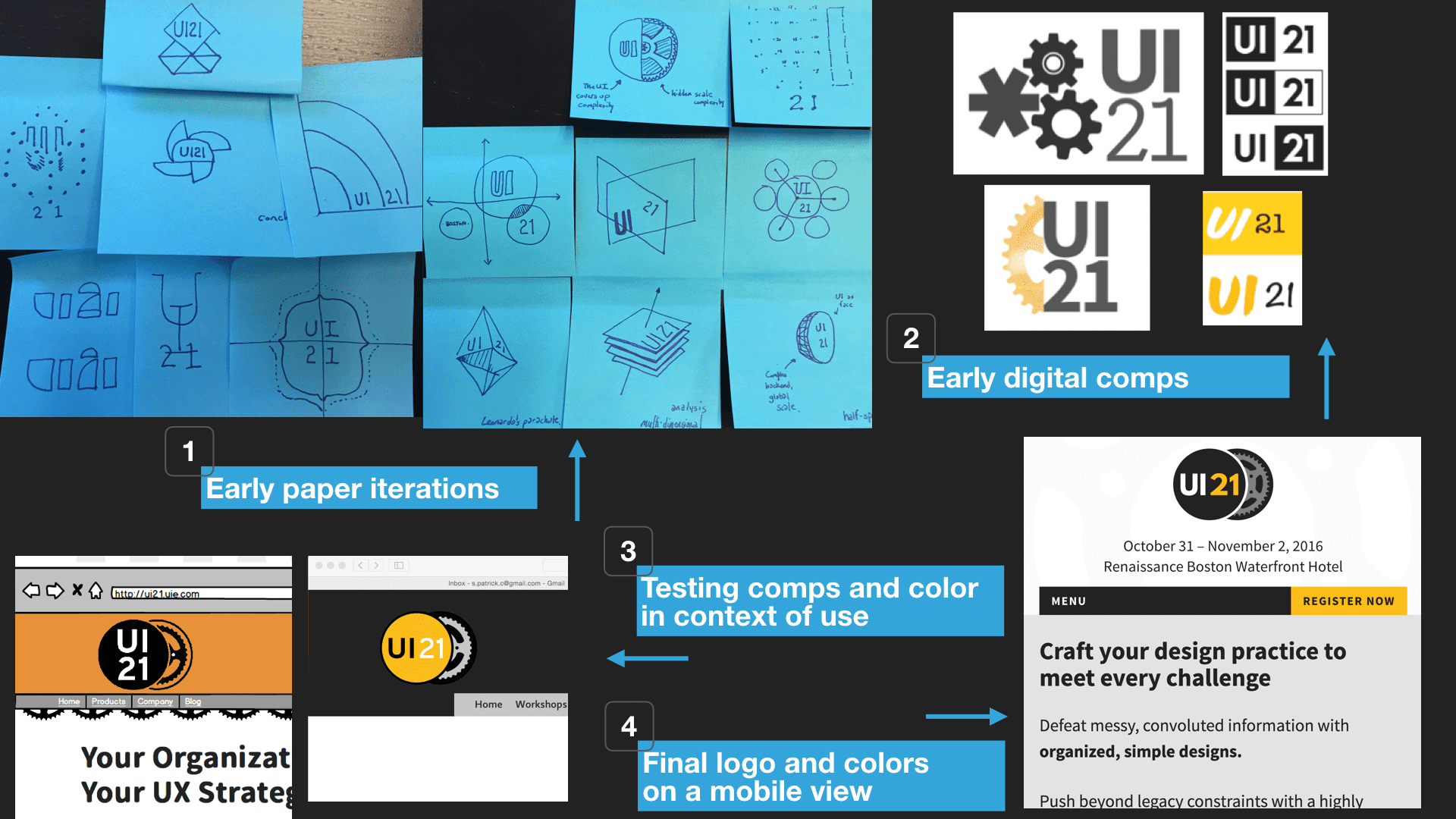 Collage of handdrawn and digital logo and identity sketches